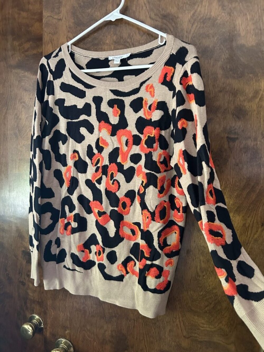 Chico's Leopard Print Sweater with Orange Accent